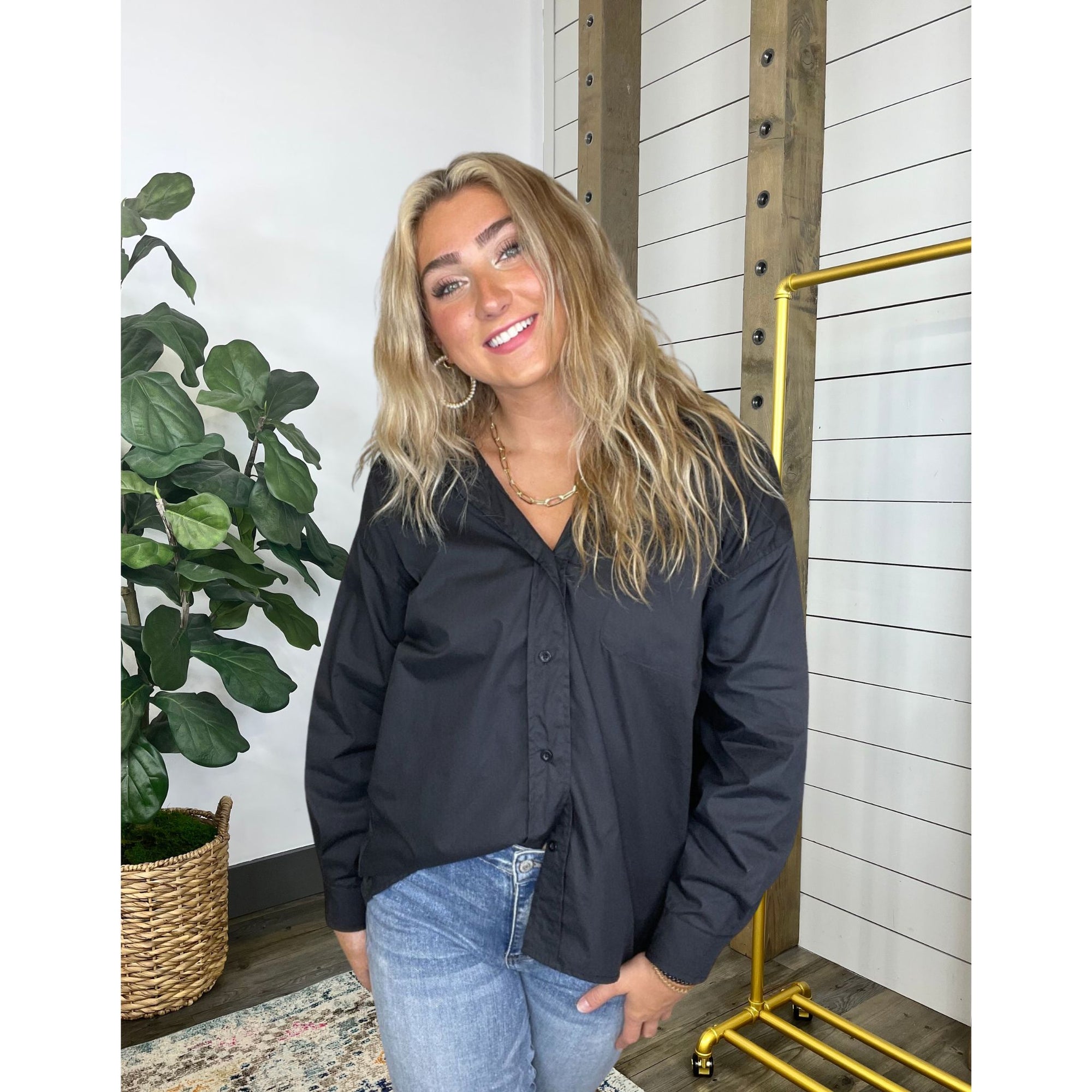 Never Leave Oversize Button Down Top