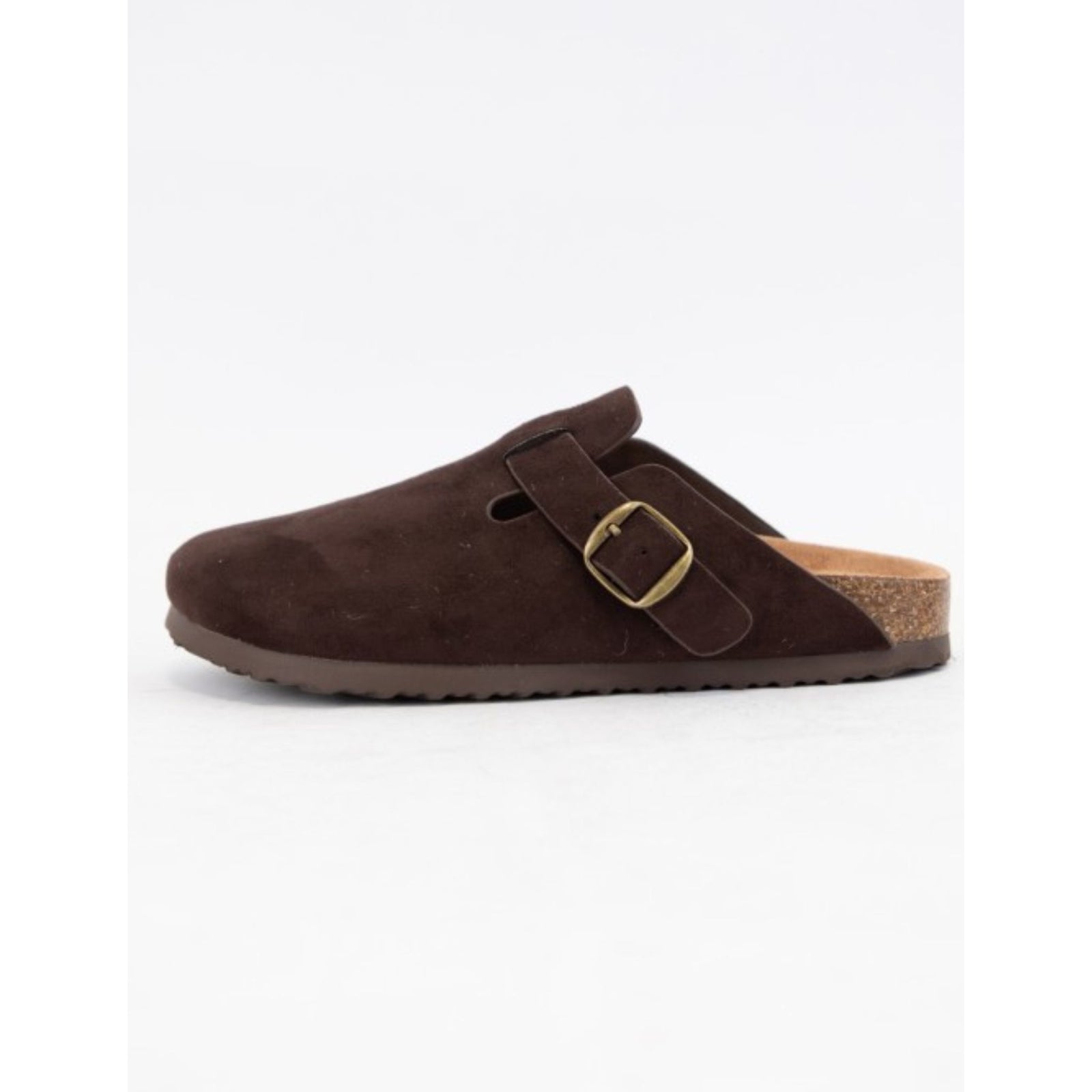 Brown suede clog shoe with a buckle on a white background