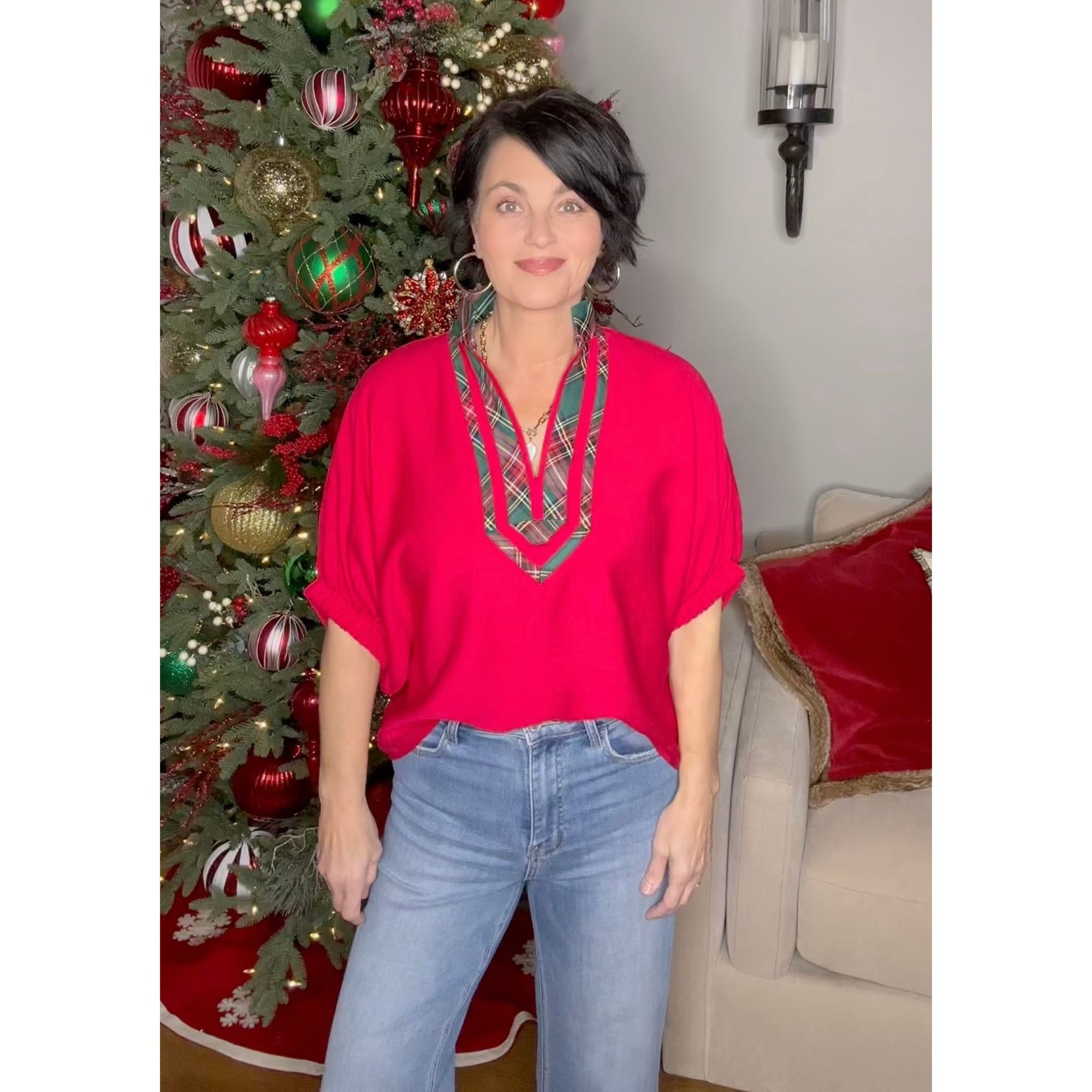 Center Of Attention Plaid Pop Top