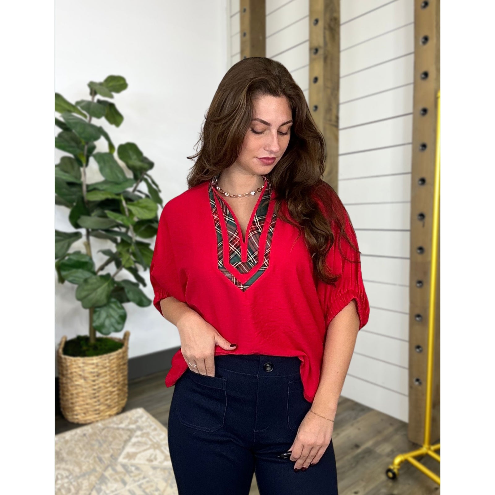 Center Of Attention Plaid Pop Top