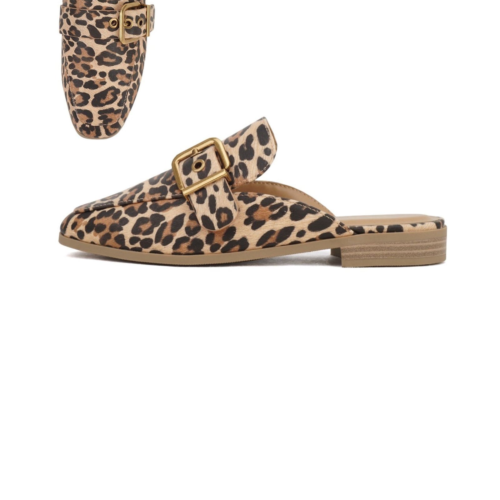 A pair of leopard print slide loafers with a gold buckle and a cushioned insole.