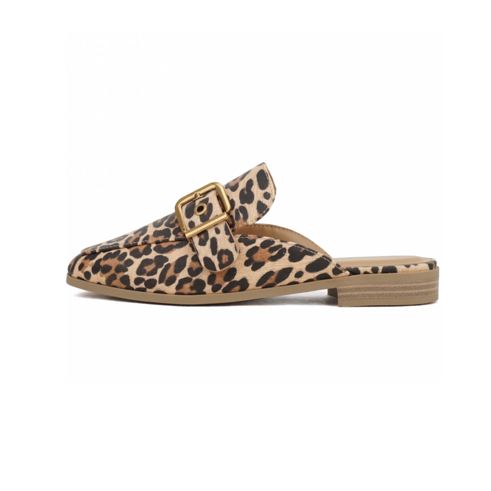 A pair of leopard print slide loafers with a gold buckle and a cushioned insole.